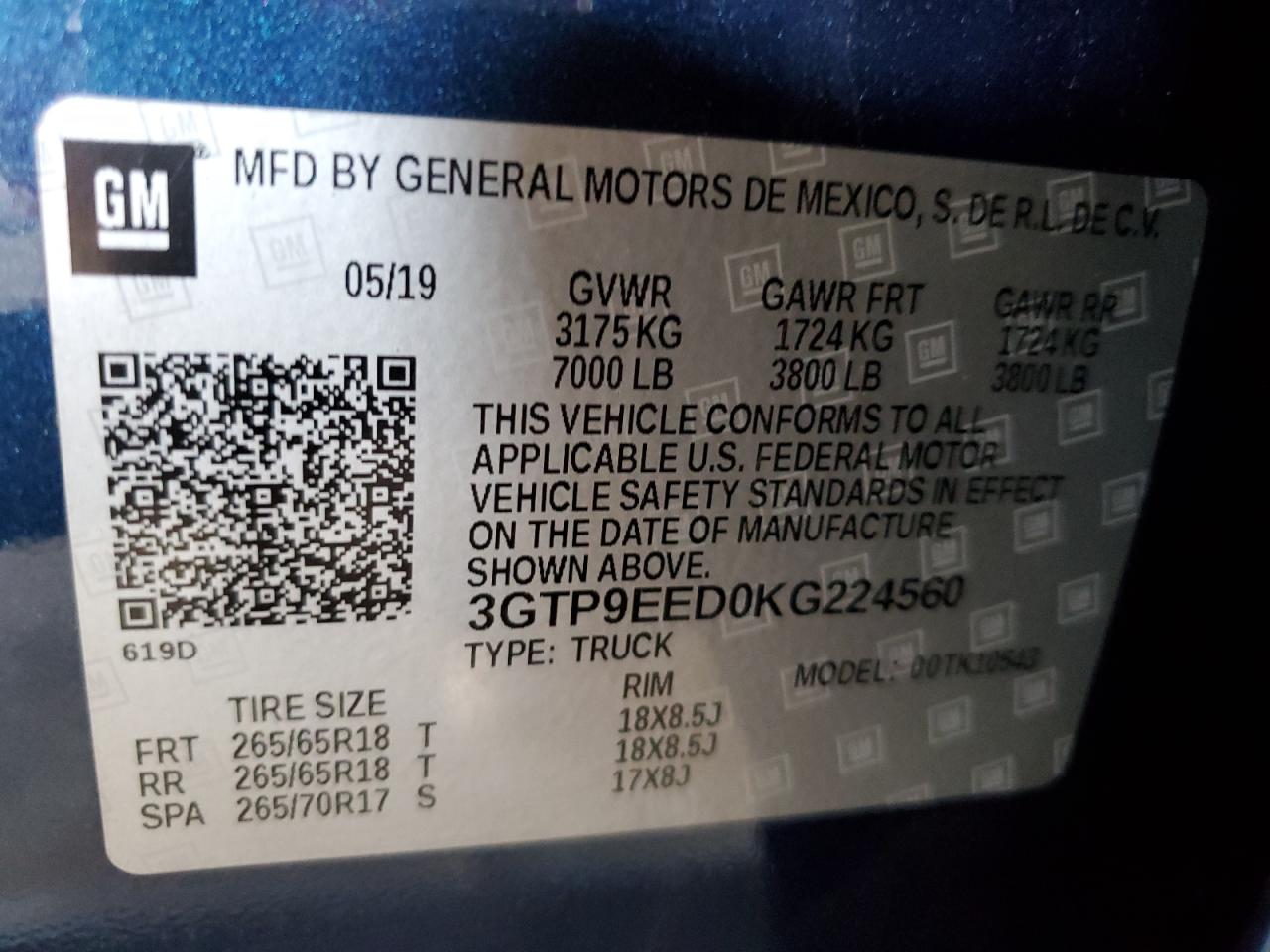 2019 GMC Sierra K1500 At4 VIN: 3GTP9EED0KG224560 Lot: 60139235