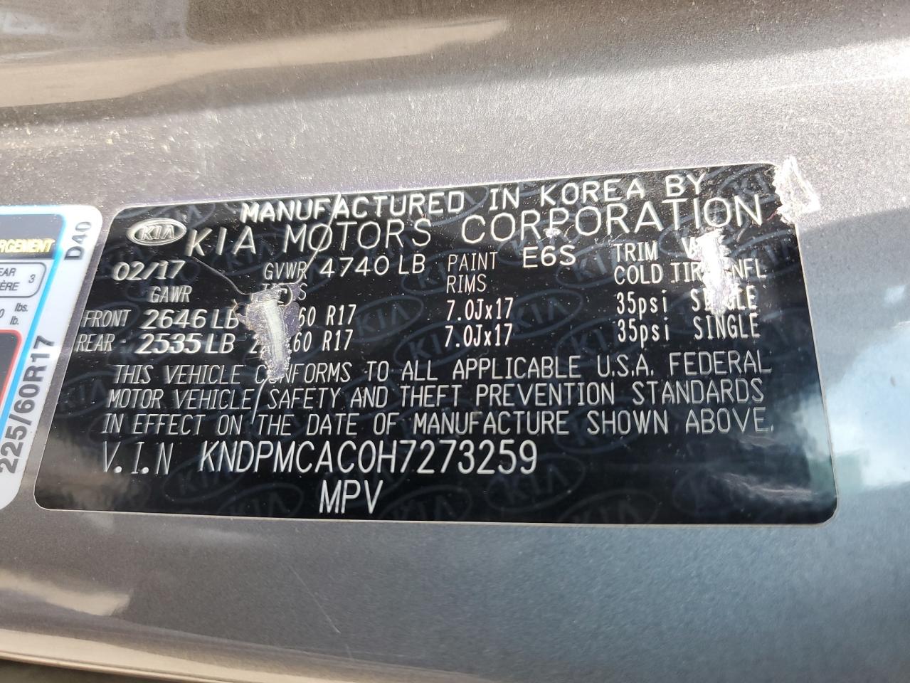 2017 Kia Sportage Lx VIN: KNDPMCAC0H7273259 Lot: 62077745