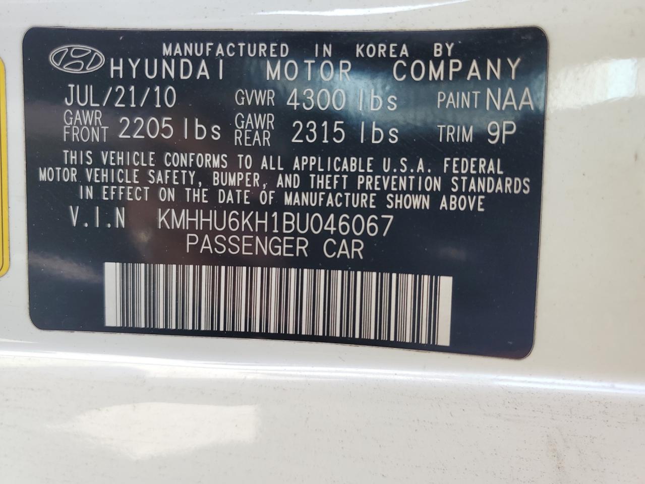 2011 Hyundai Genesis Coupe 3.8L VIN: KMHHU6KH1BU046067 Lot: 59971215