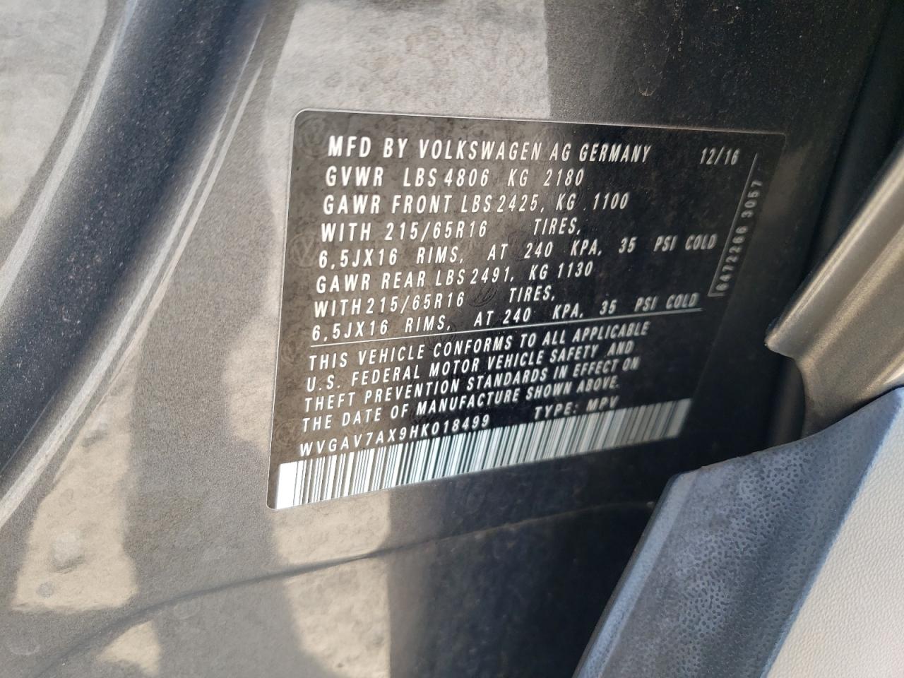 VOLKSWAGEN TIGUAN 2017 VIN WVGAV7AX9HK018499 photo 12