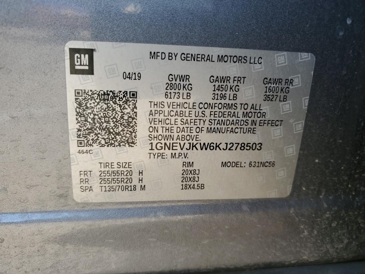 2019 Chevrolet Traverse High Country VIN: 1GNEVJKW6KJ278503 Lot: 57707955