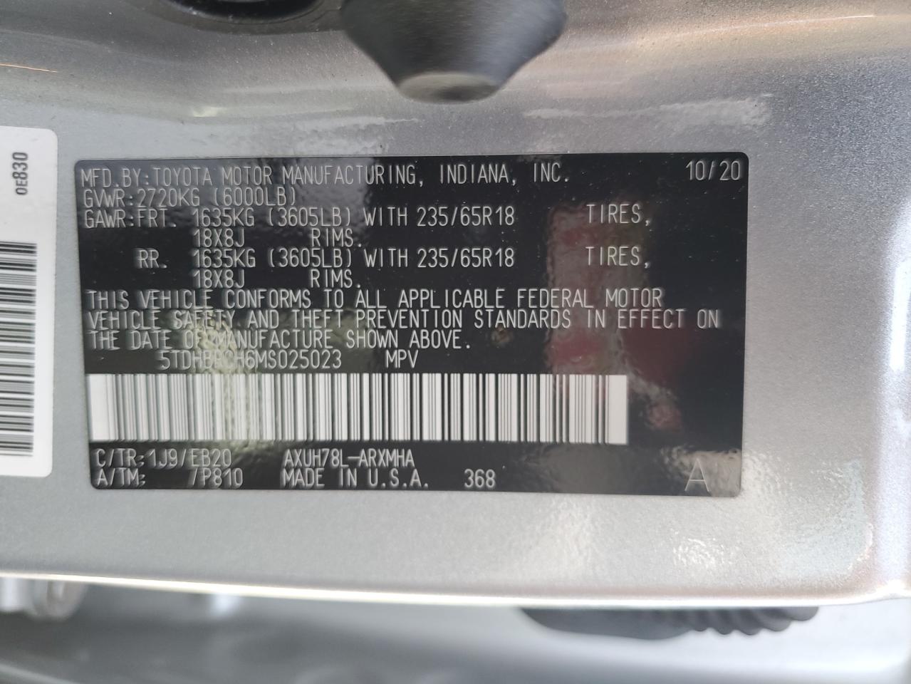 2021 Toyota Highlander Hybrid Xle VIN: 5TDHBRCH6MS025023 Lot: 62755505