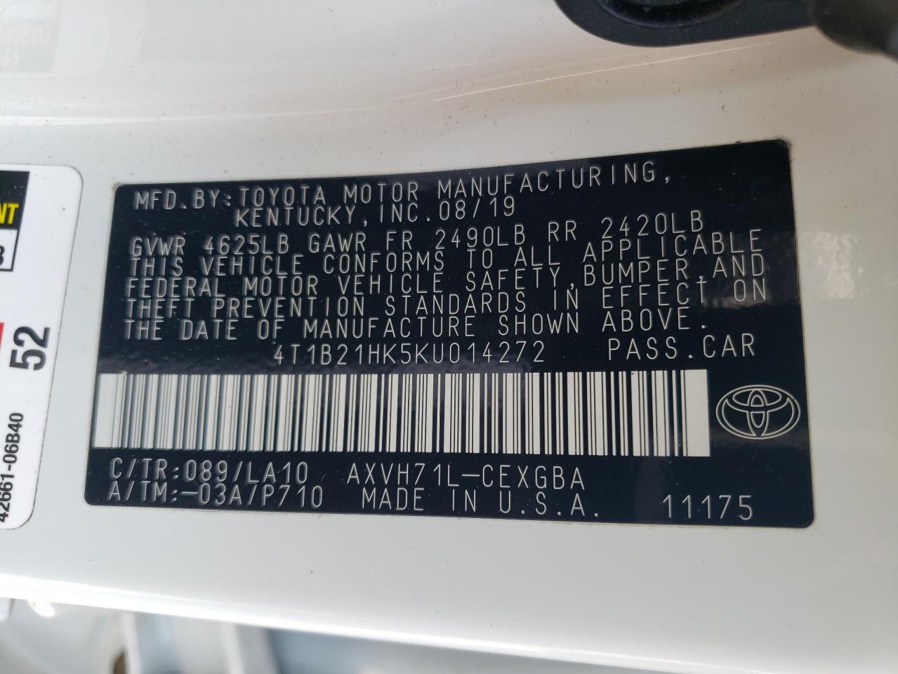 TOYOTA CAMRY 2019 VIN 4T1B21HK5KU014272 фото 12