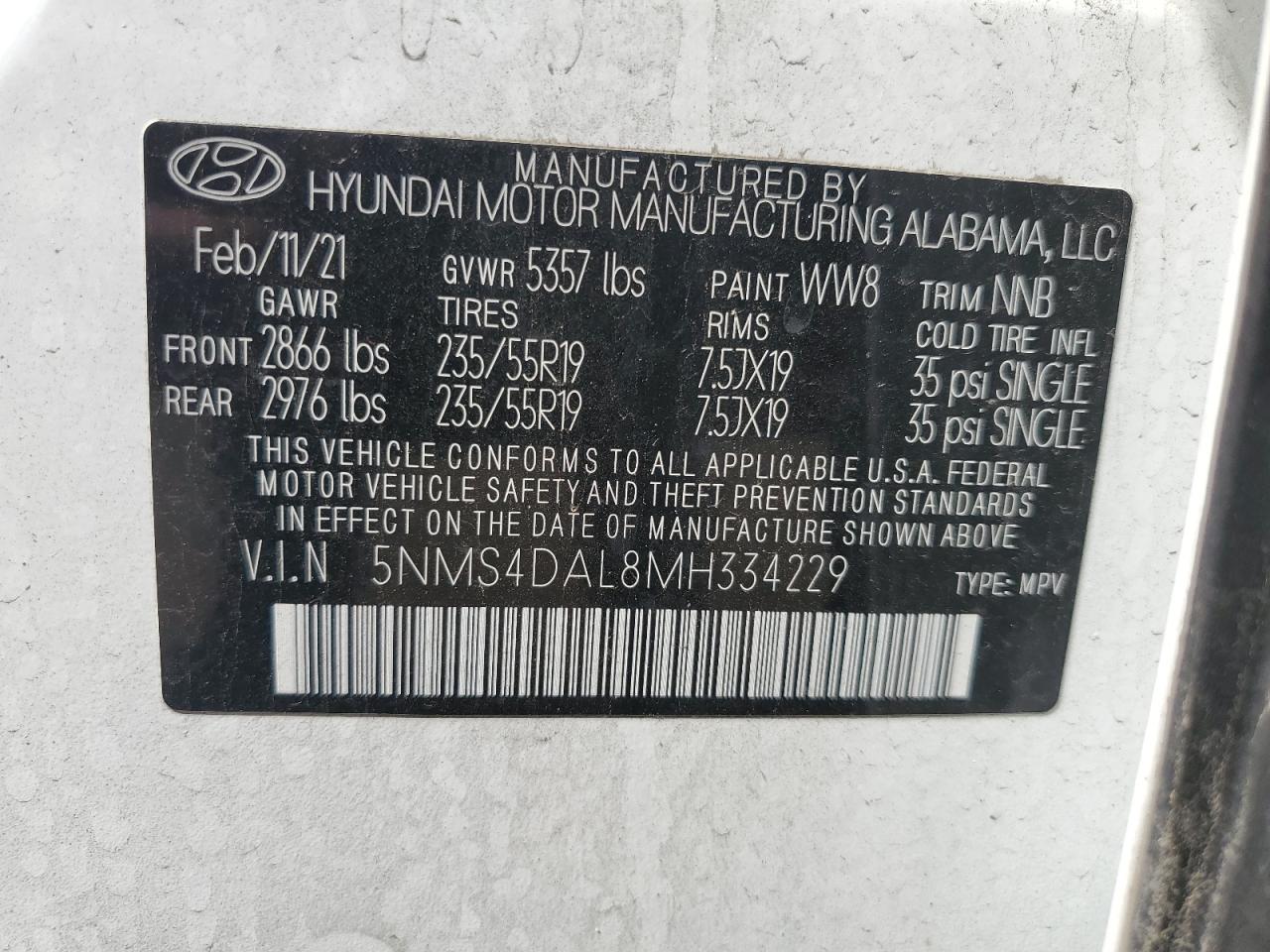 2021 Hyundai Santa Fe Limited VIN: 5NMS4DAL8MH334229 Lot: 62408705