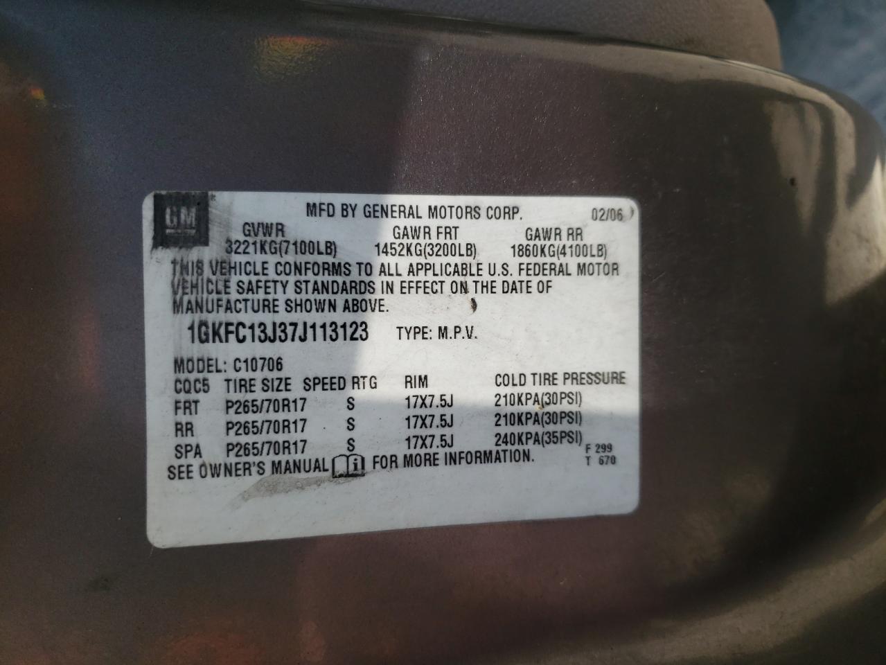2007 GMC Yukon VIN: 1GKFC13J37J113123 Lot: 62121485