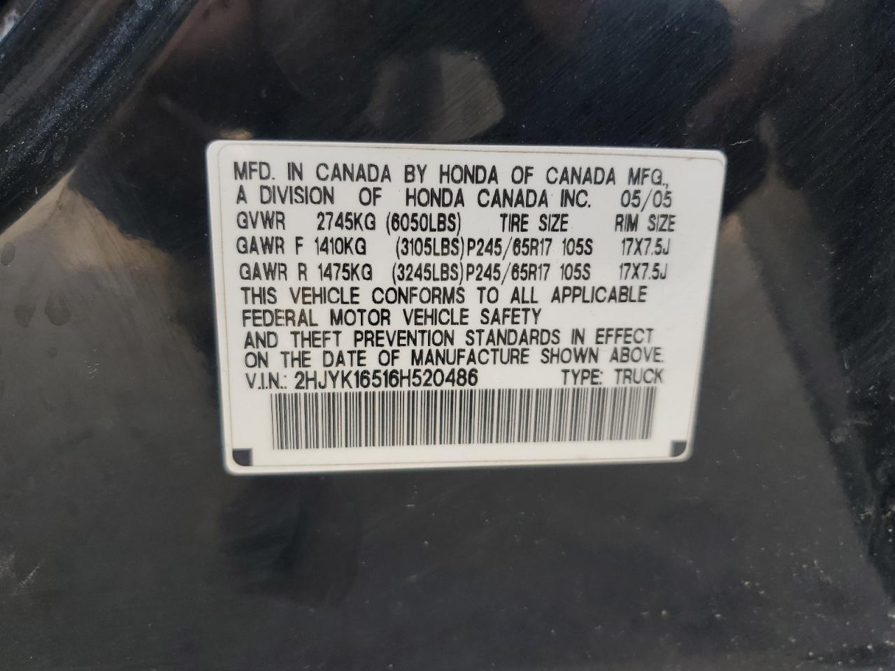 2006 Honda Ridgeline Rtl VIN: 2HJYK16516H520486 Lot: 59760035