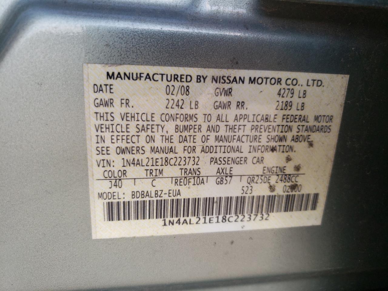 2008 Nissan Altima 2.5 VIN: 1N4AL21E18C223732 Lot: 61656545