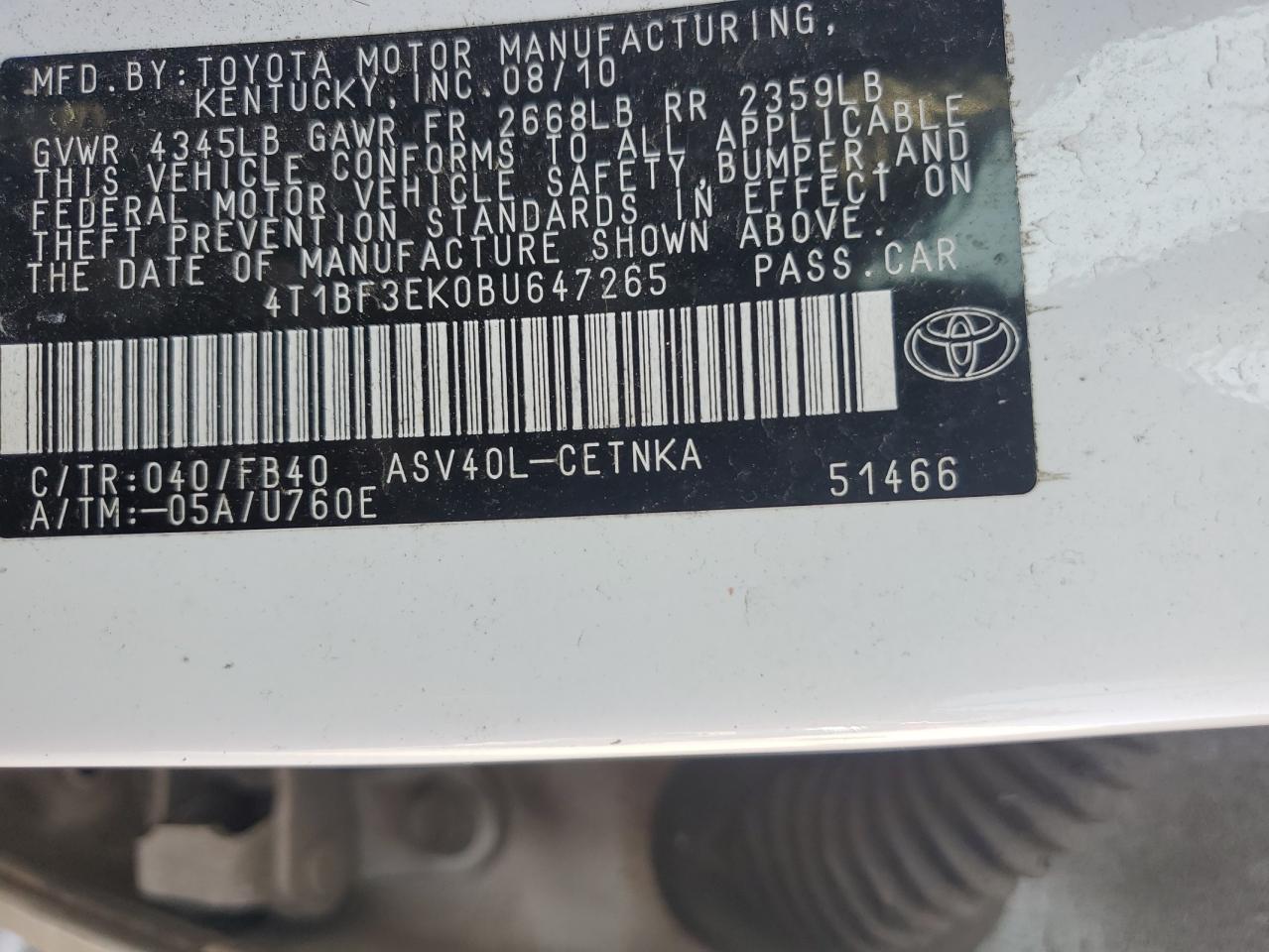 TOYOTA CAMRY 2011 VIN 4T1BF3EK0BU647265 photo 12