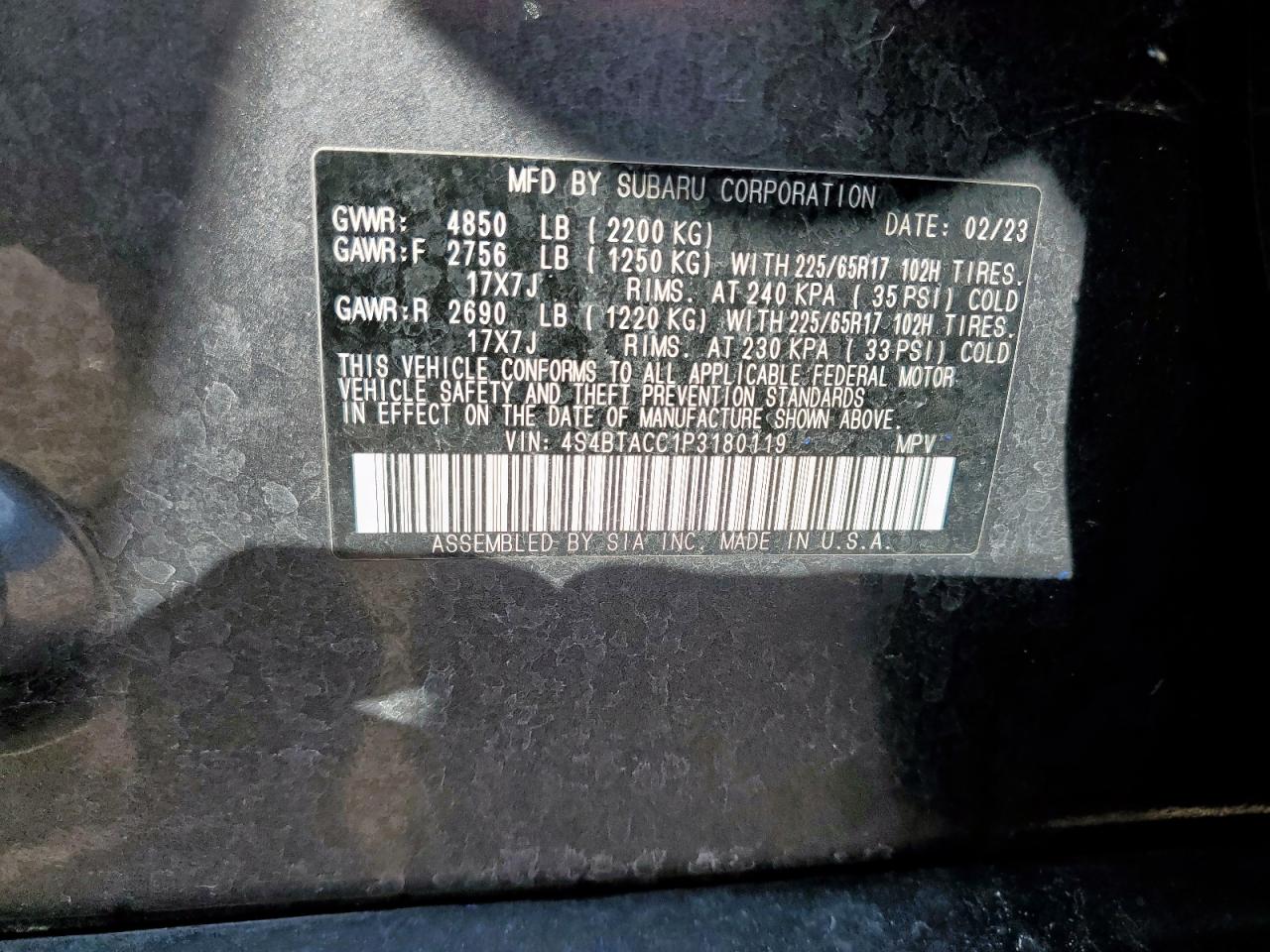 2023 Subaru Outback Premium VIN: 4S4BTACC1P3180119 Lot: 60813135