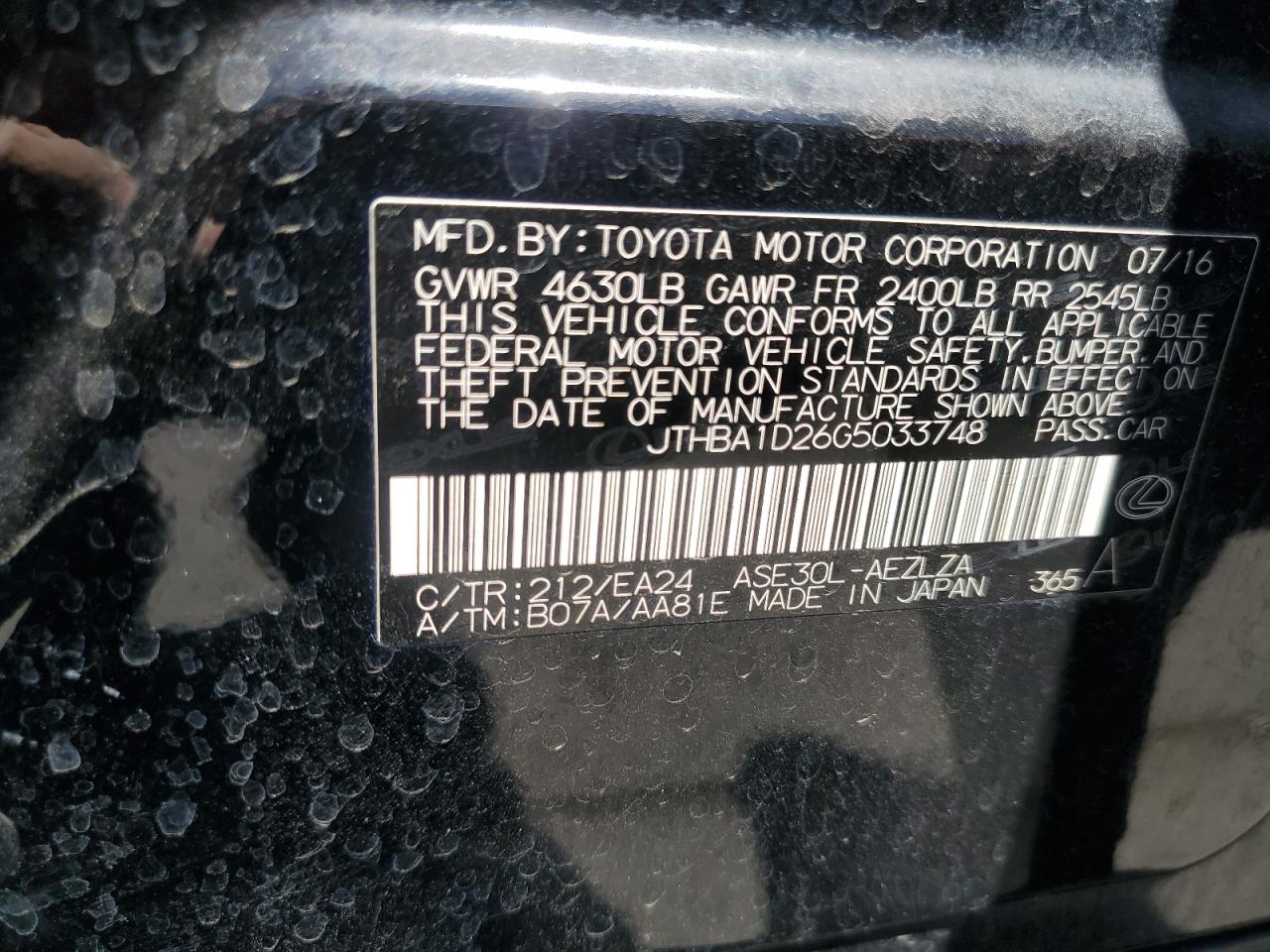 2016 Lexus Is 200T VIN: JTHBA1D26G5033748 Lot: 62762265