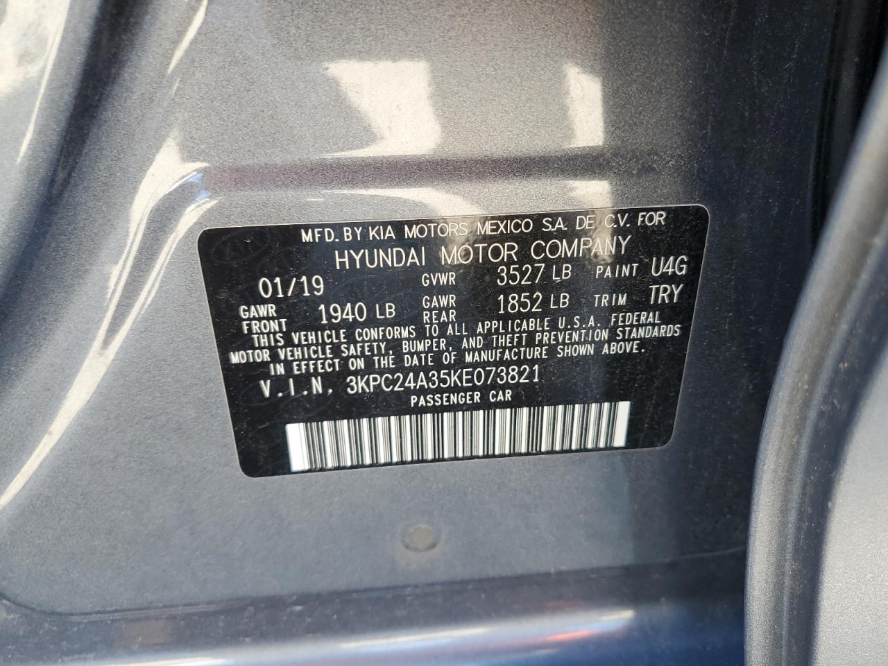 2019 Hyundai Accent Se VIN: 3KPC24A35KE073821 Lot: 62190585