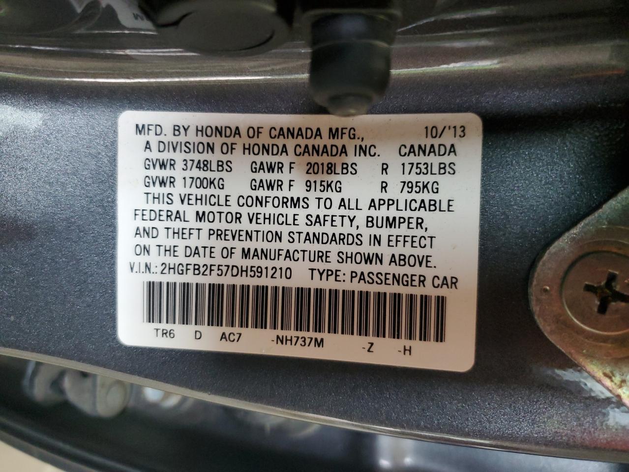 2013 Honda Civic Lx VIN: 2HGFB2F57DH591210 Lot: 62608785