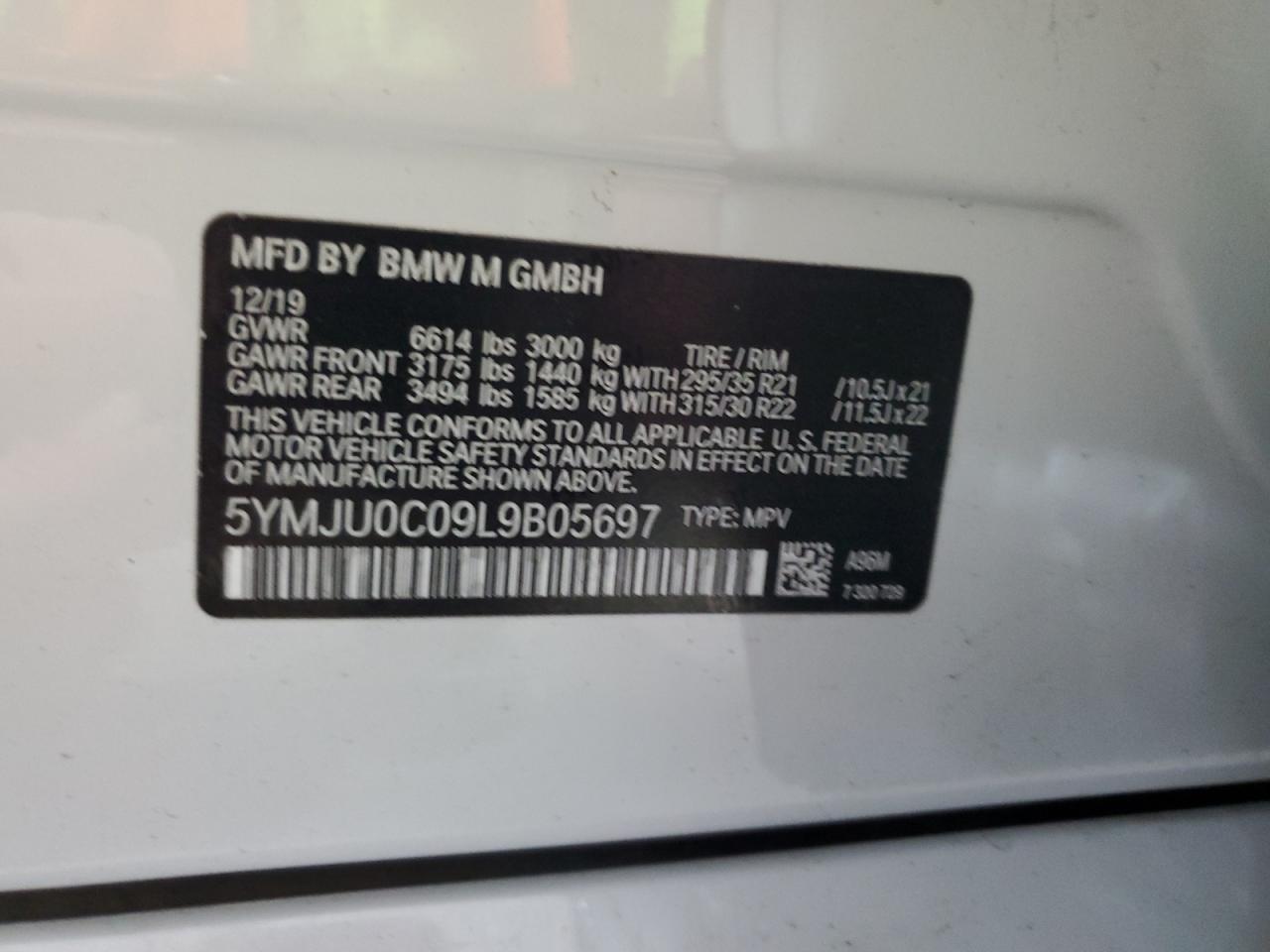 2020 BMW X5 M VIN: 5YMJU0C09L9B05697 Lot: 59191135