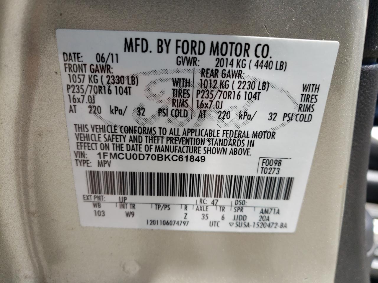 2011 Ford Escape Xlt VIN: 1FMCU0D70BKC61849 Lot: 63045095