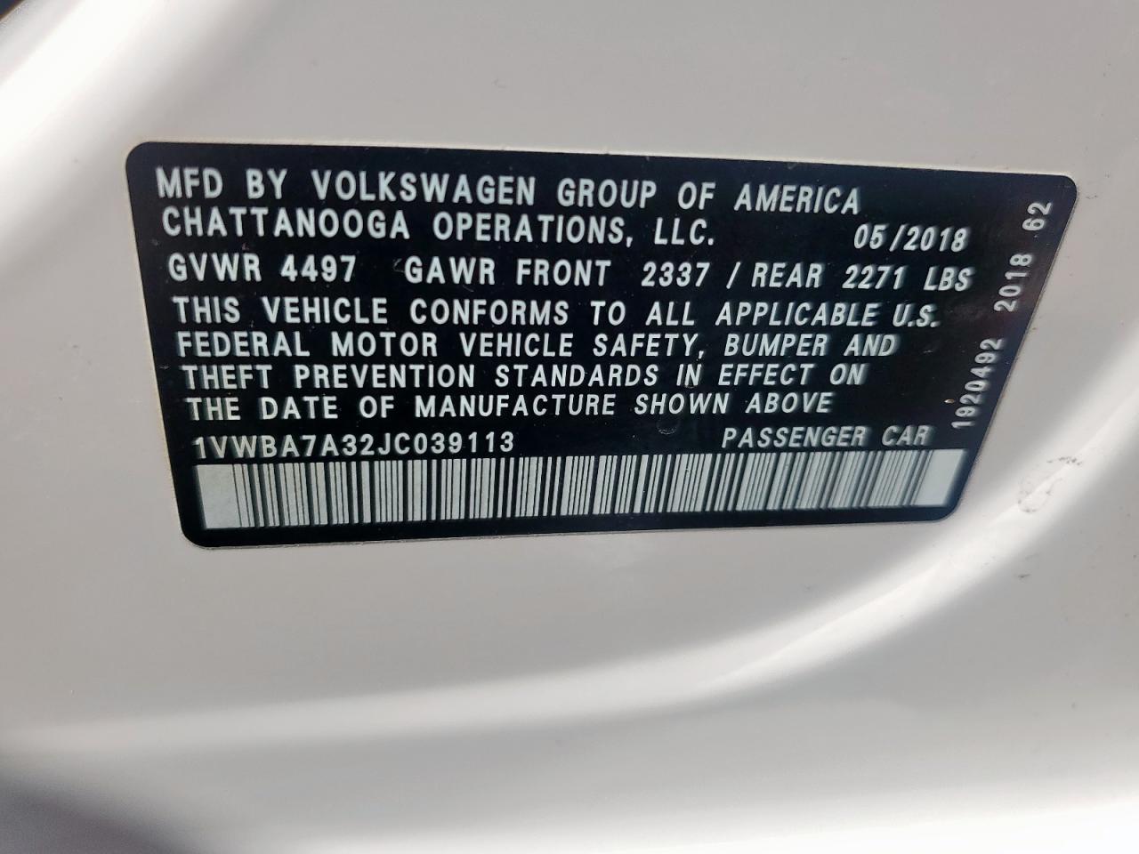 2018 Volkswagen Passat Se VIN: 1VWBA7A32JC039113 Lot: 61800525