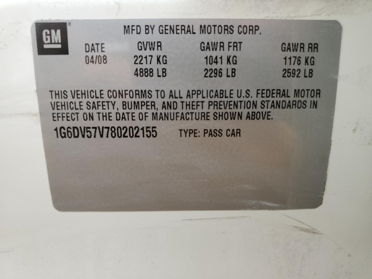 2008 Cadillac Cts Hi Feature V6 VIN: 1G6DV57V780202155 Lot: 60742745