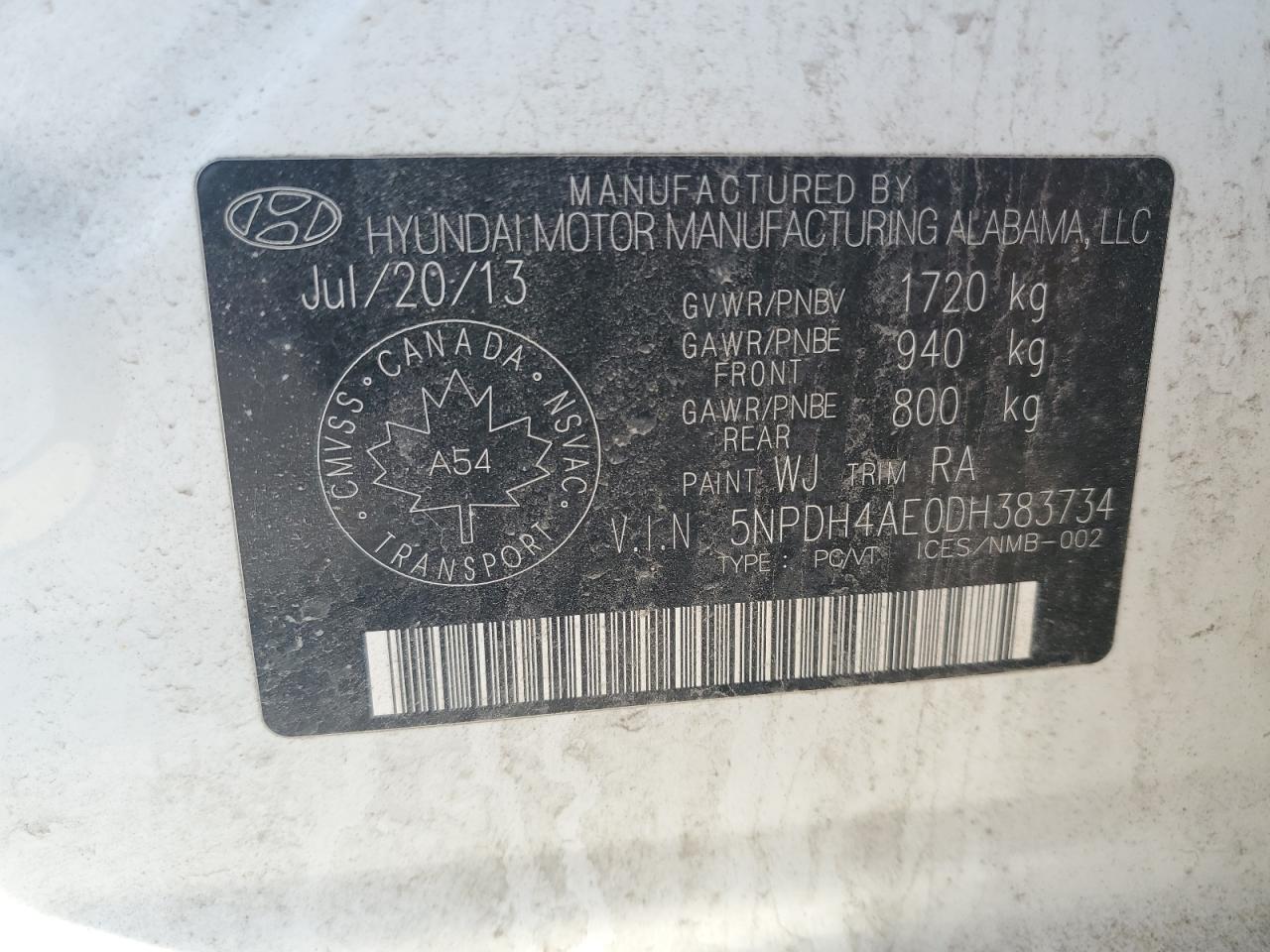 2013 Hyundai Elantra Gls VIN: 5NPDH4AE0DH383734 Lot: 62370975