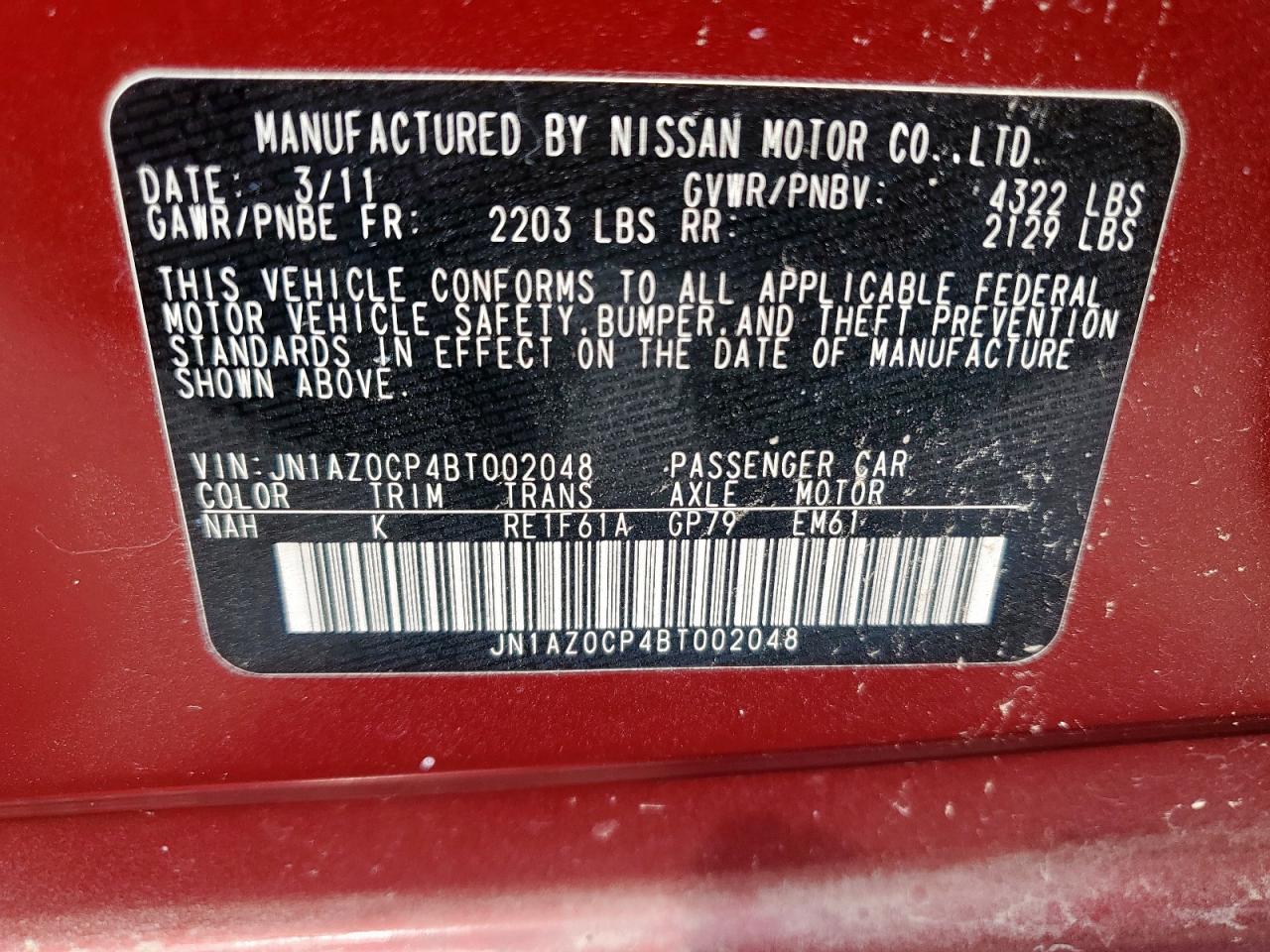 2011 Nissan Leaf Sv VIN: JN1AZ0CP4BT002048 Lot: 61960285