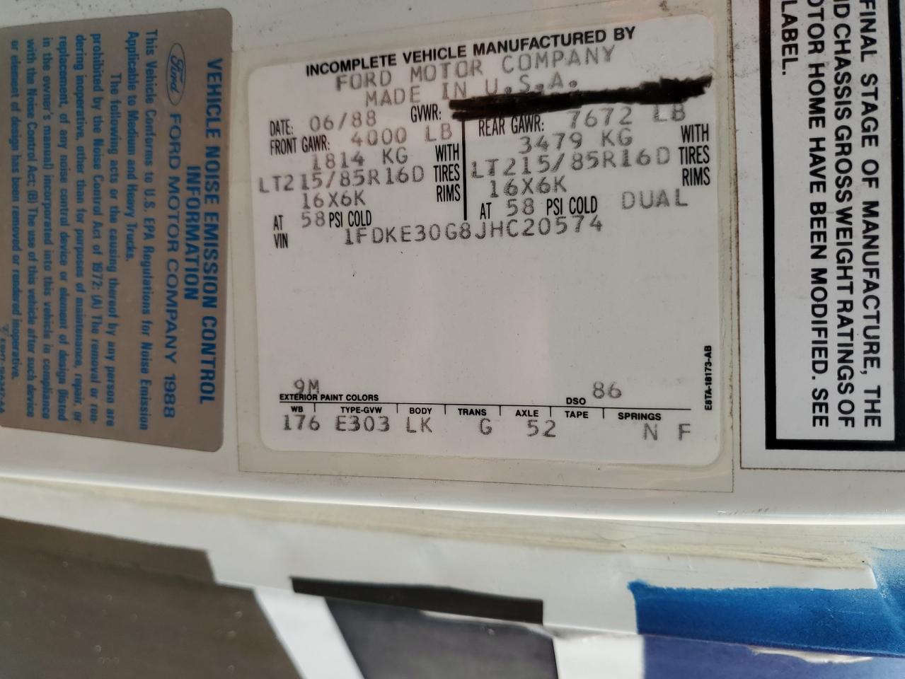 1989 Ford Econoline E350 Cutaway Van VIN: 1FDKE30G8JHC20574 Lot: 61045915