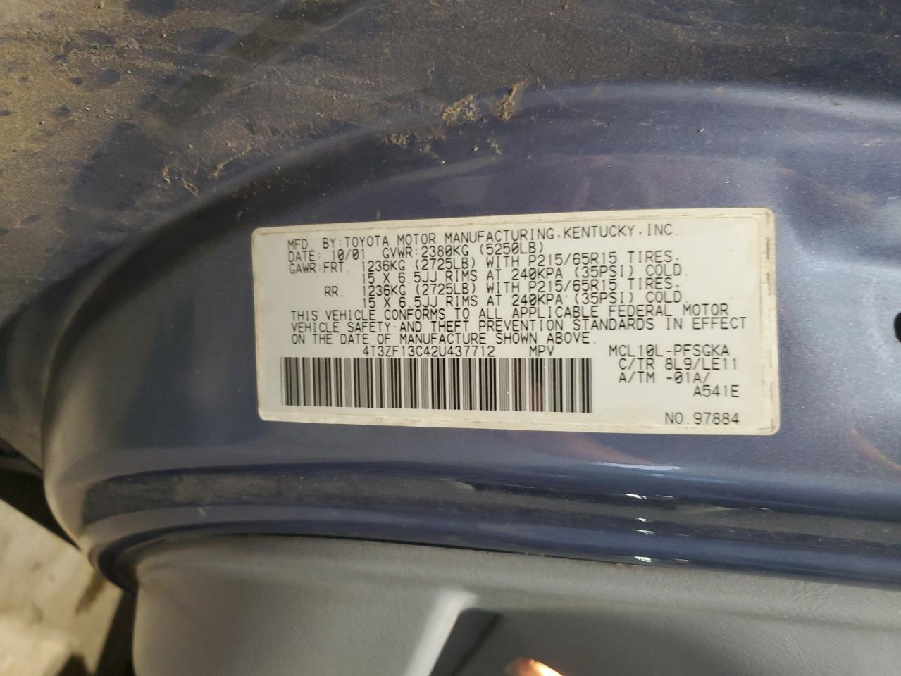 2002 Toyota Sienna Le VIN: 4T3ZF13C42U437712 Lot: 62543825
