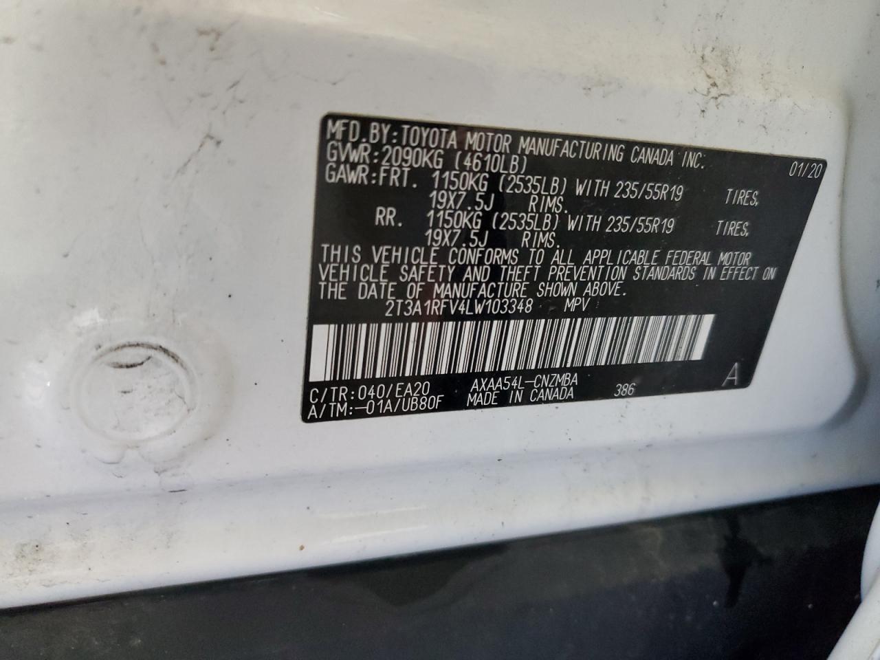 2020 Toyota Rav4 Xle Premium VIN: 2T3A1RFV4LW103348 Lot: 62771975