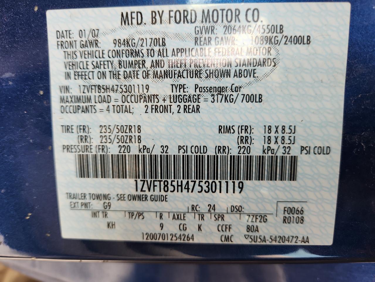 FORD MUSTANG 2007 VIN 1ZVFT85H475301119 фото 12