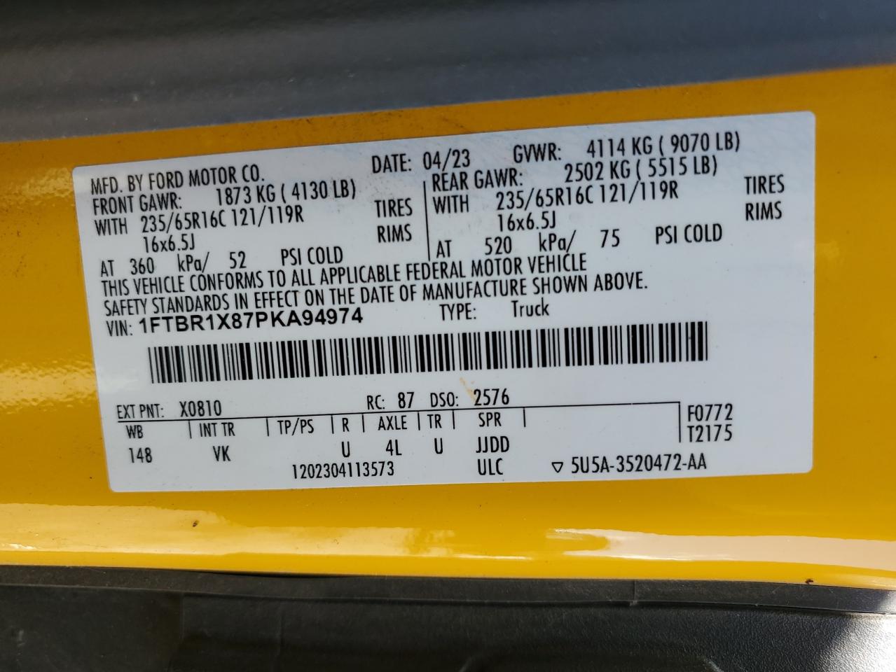 2023 Ford Transit T-250 VIN: 1FTBR1X87PKA94974 Lot: 62677855