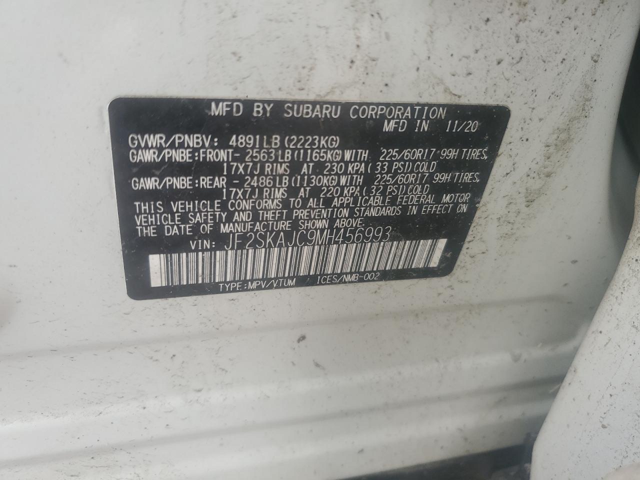 2021 Subaru Forester Premium VIN: JF2SKAJC9MH456993 Lot: 62819655