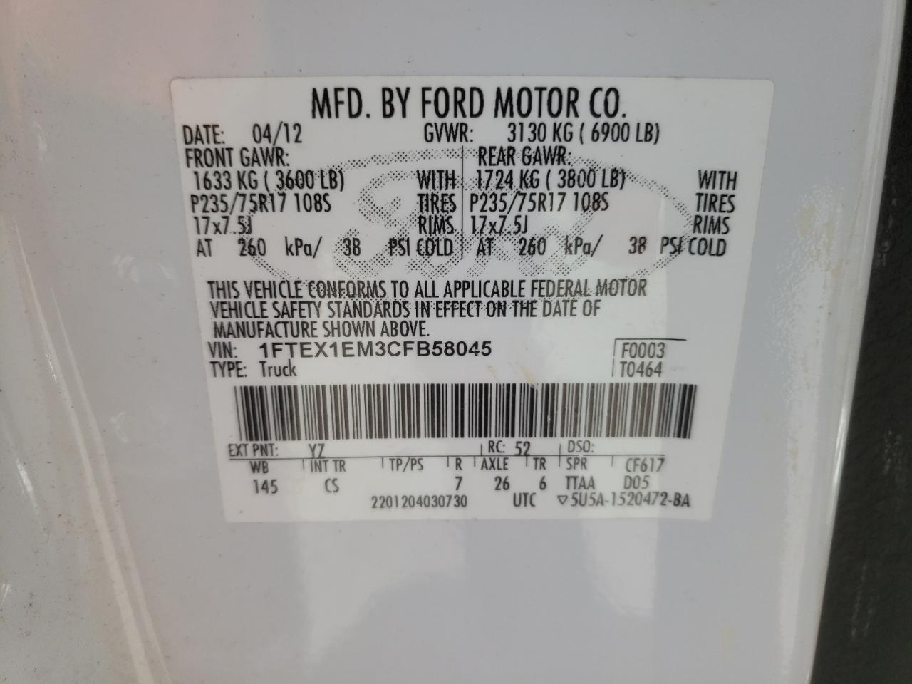 2012 Ford F150 Super Cab VIN: 1FTEX1EM3CFB58045 Lot: 59134825