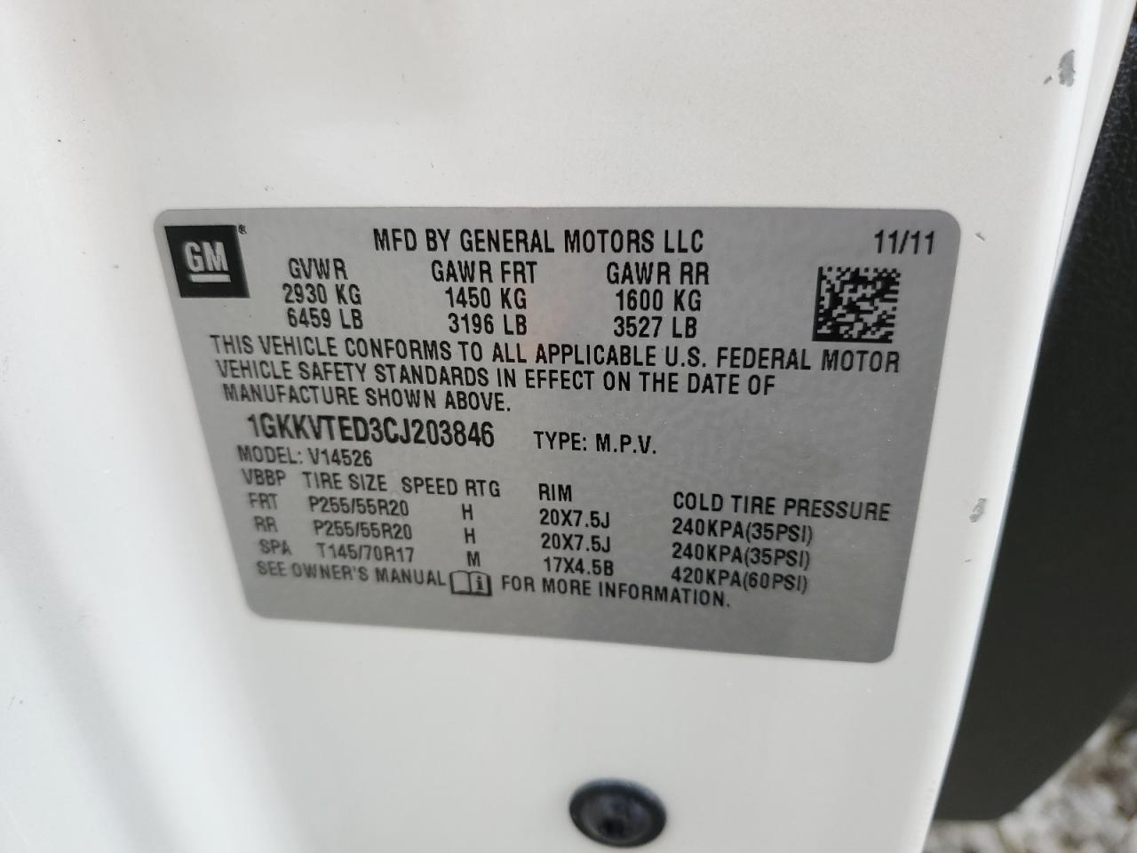 2012 GMC Acadia Denali VIN: 1GKKVTED3CJ203846 Lot: 60061375