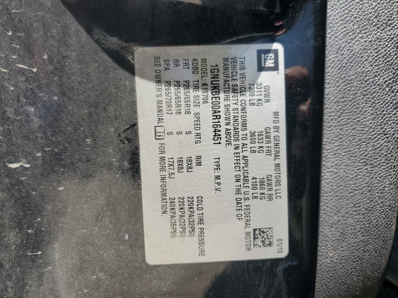 2010 Chevrolet Tahoe K1500 Lt VIN: 1GNUKBE00AR164451 Lot: 60831595