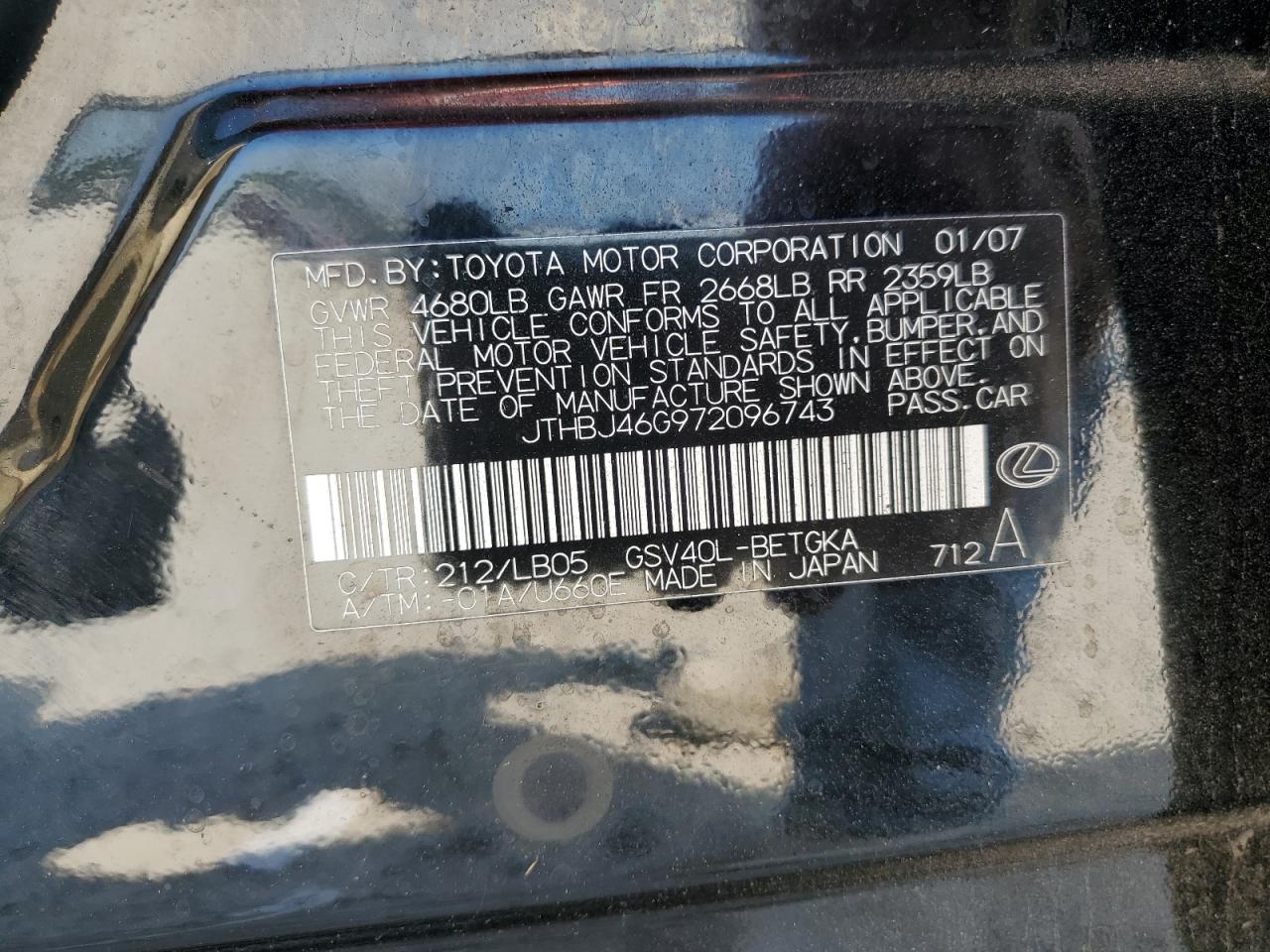 2007 Lexus Es 350 VIN: JTHBJ46G972096743 Lot: 62902725