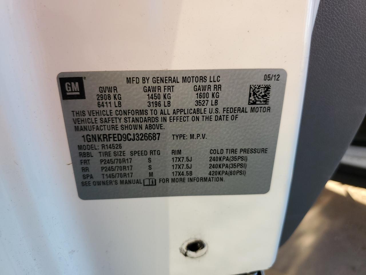 2012 Chevrolet Traverse Ls VIN: 1GNKRFED9CJ326687 Lot: 60285975