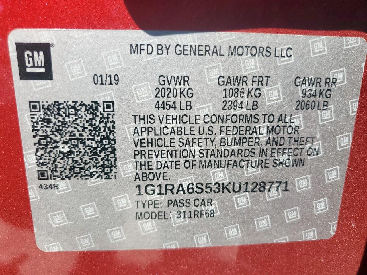 2019 Chevrolet Volt Lt VIN: 1G1RA6S53KU128771 Lot: 62412695