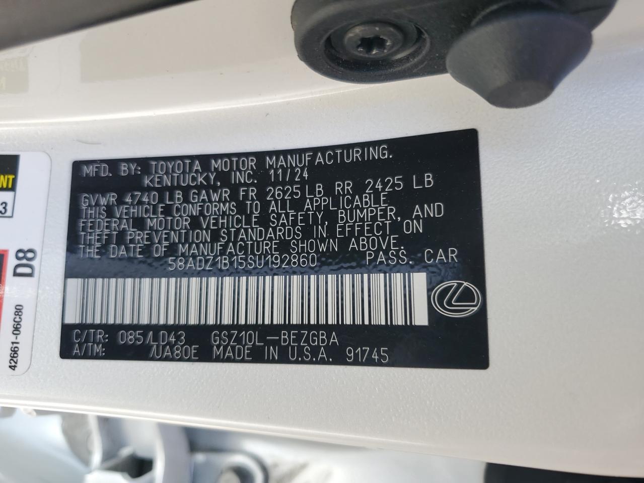 2025 Lexus Es 350 Base VIN: 58ADZ1B15SU192860 Lot: 63284465