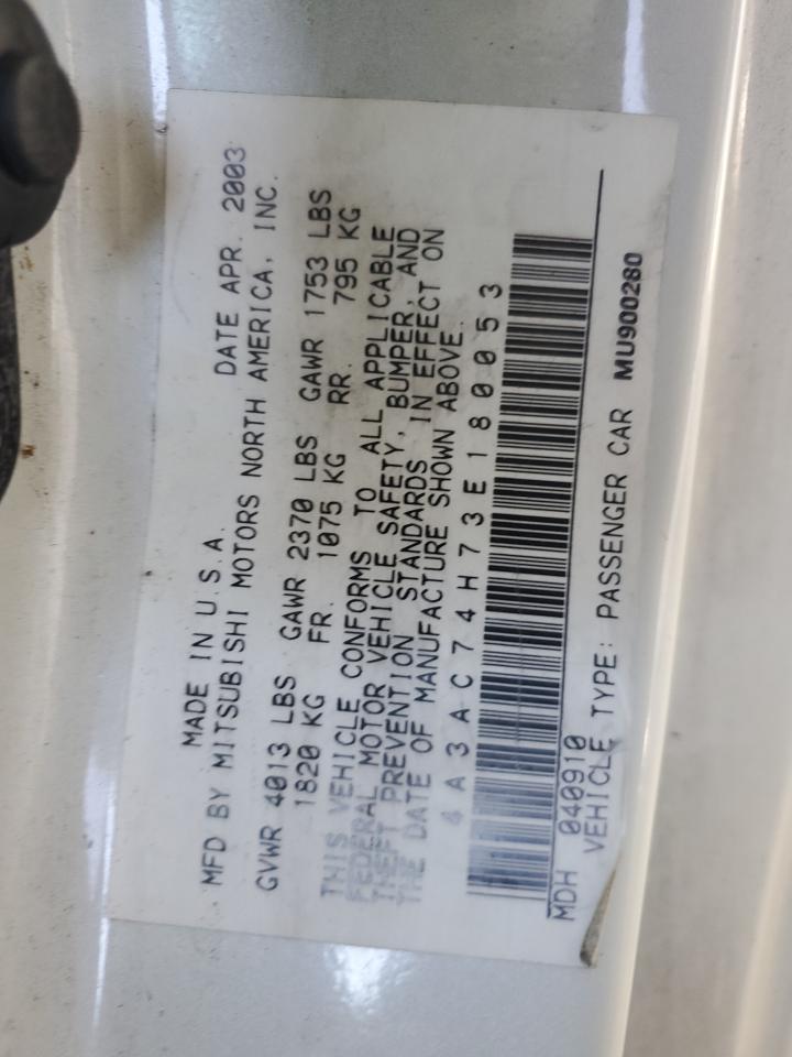 2003 Mitsubishi Eclipse Gts VIN: 4A3AC74H73E180053 Lot: 62402885