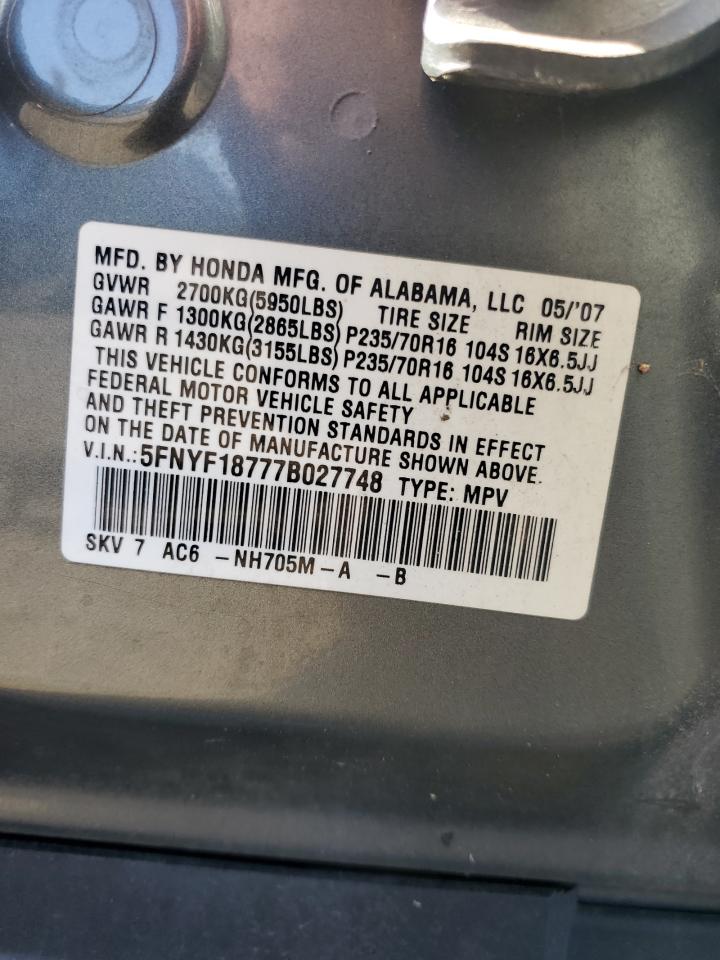 2007 Honda Pilot Exl VIN: 5FNYF18777B027748 Lot: 62163495