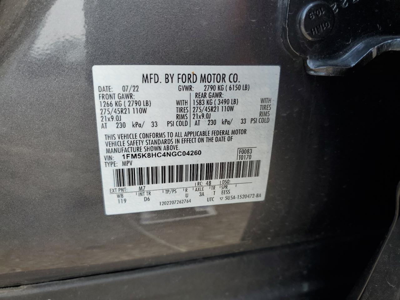 2022 Ford Explorer Platinum VIN: 1FM5K8HC4NGC04260 Lot: 62717315
