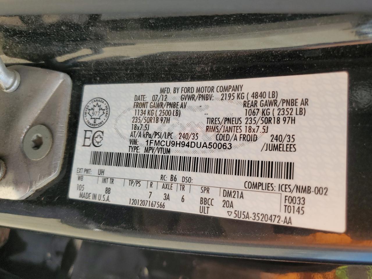 2013 Ford Escape Sel VIN: 1FMCU9H94DUA50063 Lot: 63008005