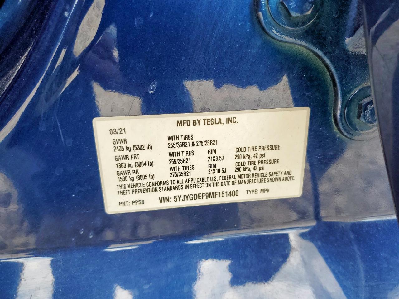 2021 Tesla Model Y VIN: 5YJYGDEF9MF151400 Lot: 62165965