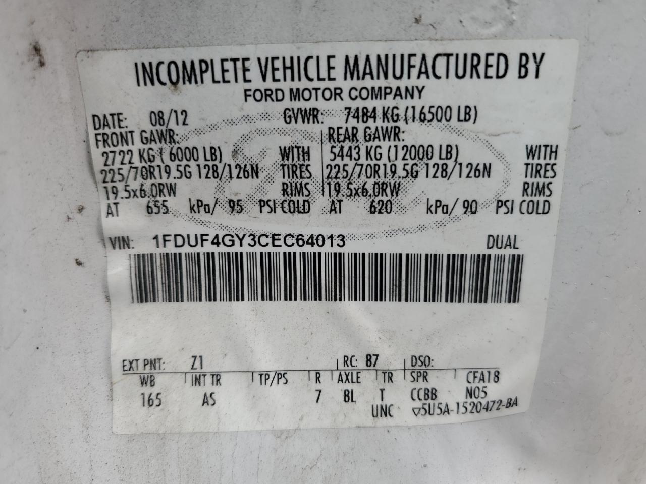 2012 Ford F450 Super Duty VIN: 1FDUF4GY3CEC64013 Lot: 59292985