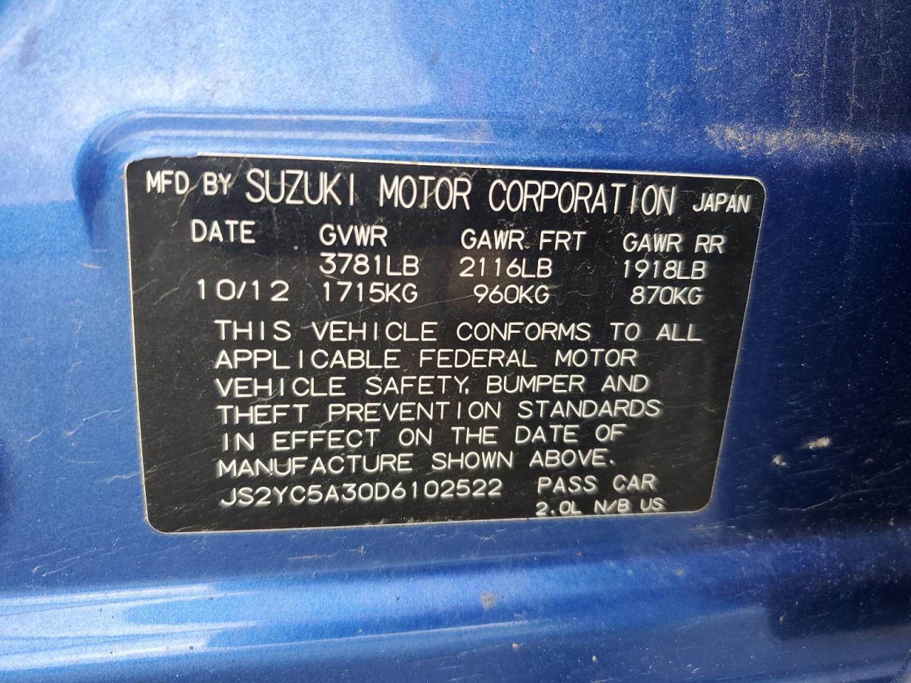 2013 Suzuki Sx4 VIN: JS2YCSA30D610252 Lot: 62997455