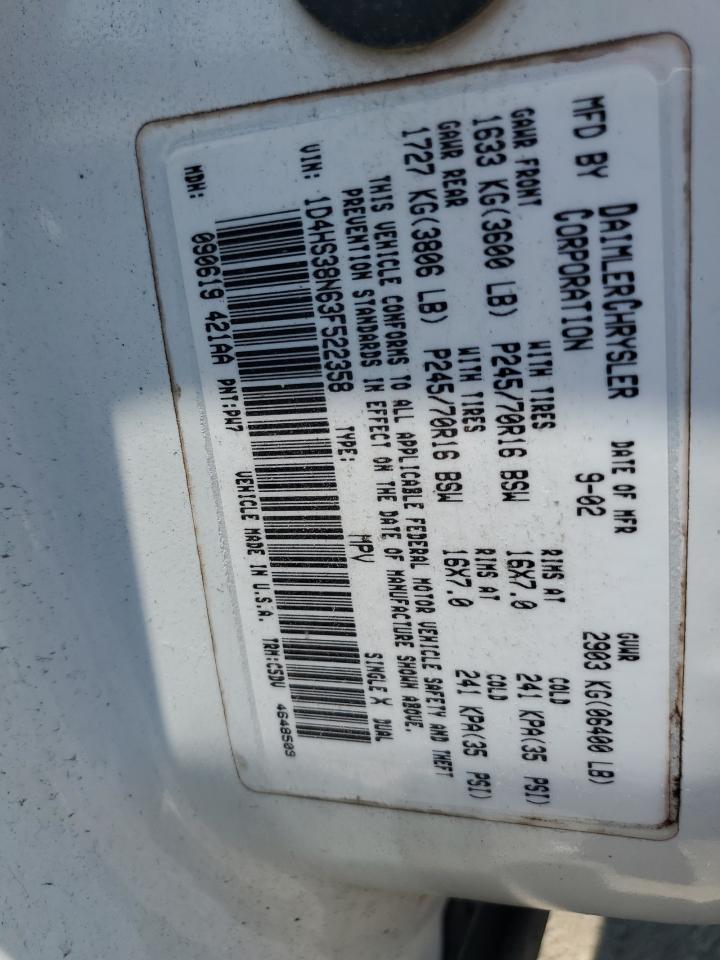DODGE DURANGO 2003 VIN 1D4HS38N63F522358 фото 13