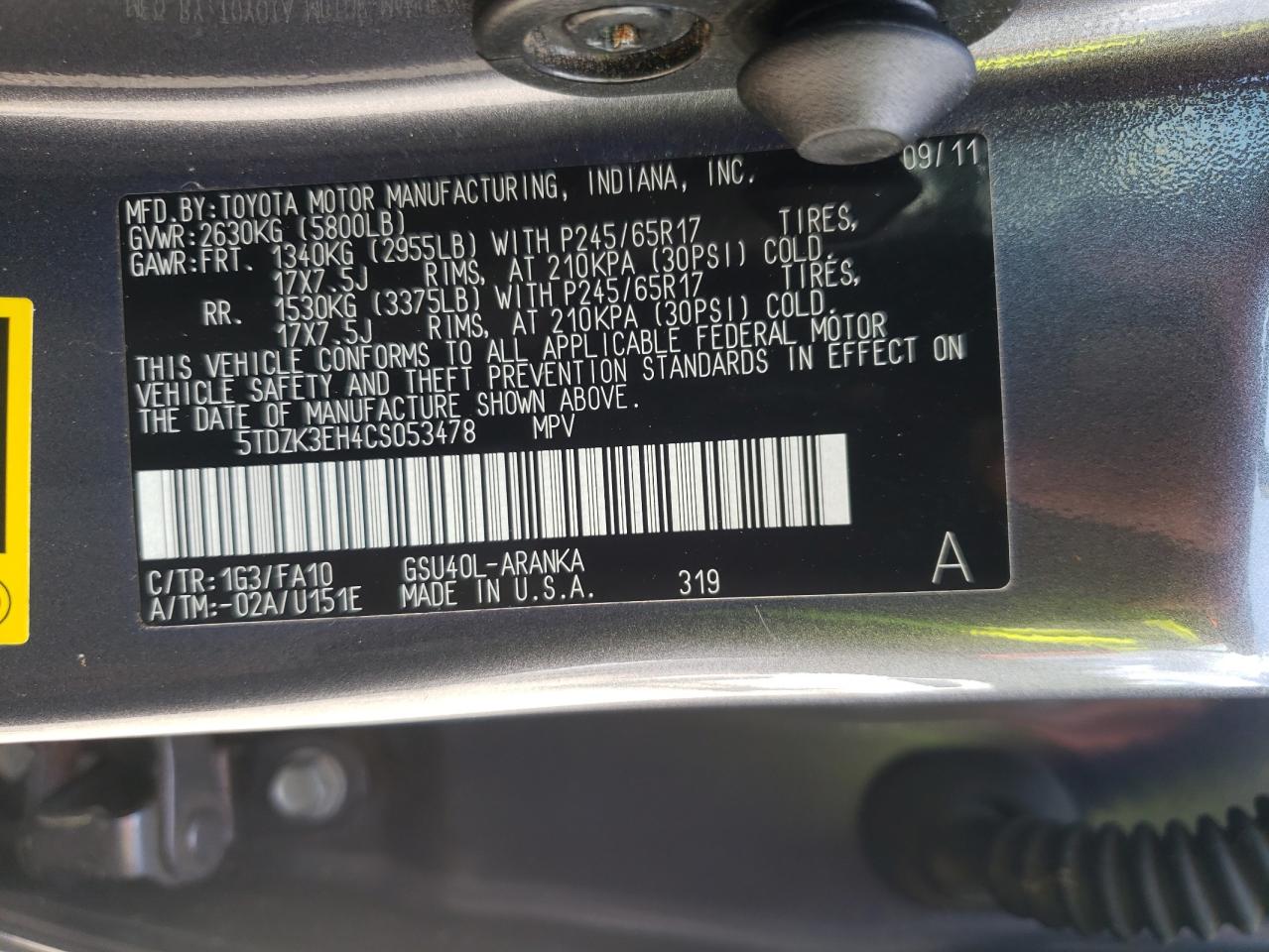 2012 Toyota Highlander Base VIN: 5TDZK3EH4CS053478 Lot: 62696805