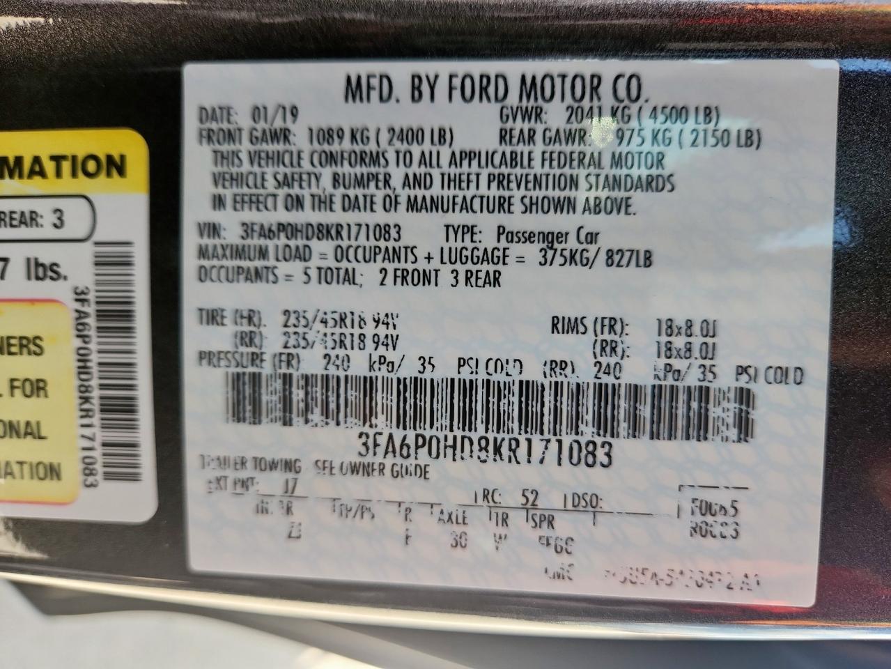 2019 Ford Fusion Se VIN: 3FA6P0HD8KR171083 Lot: 63194035