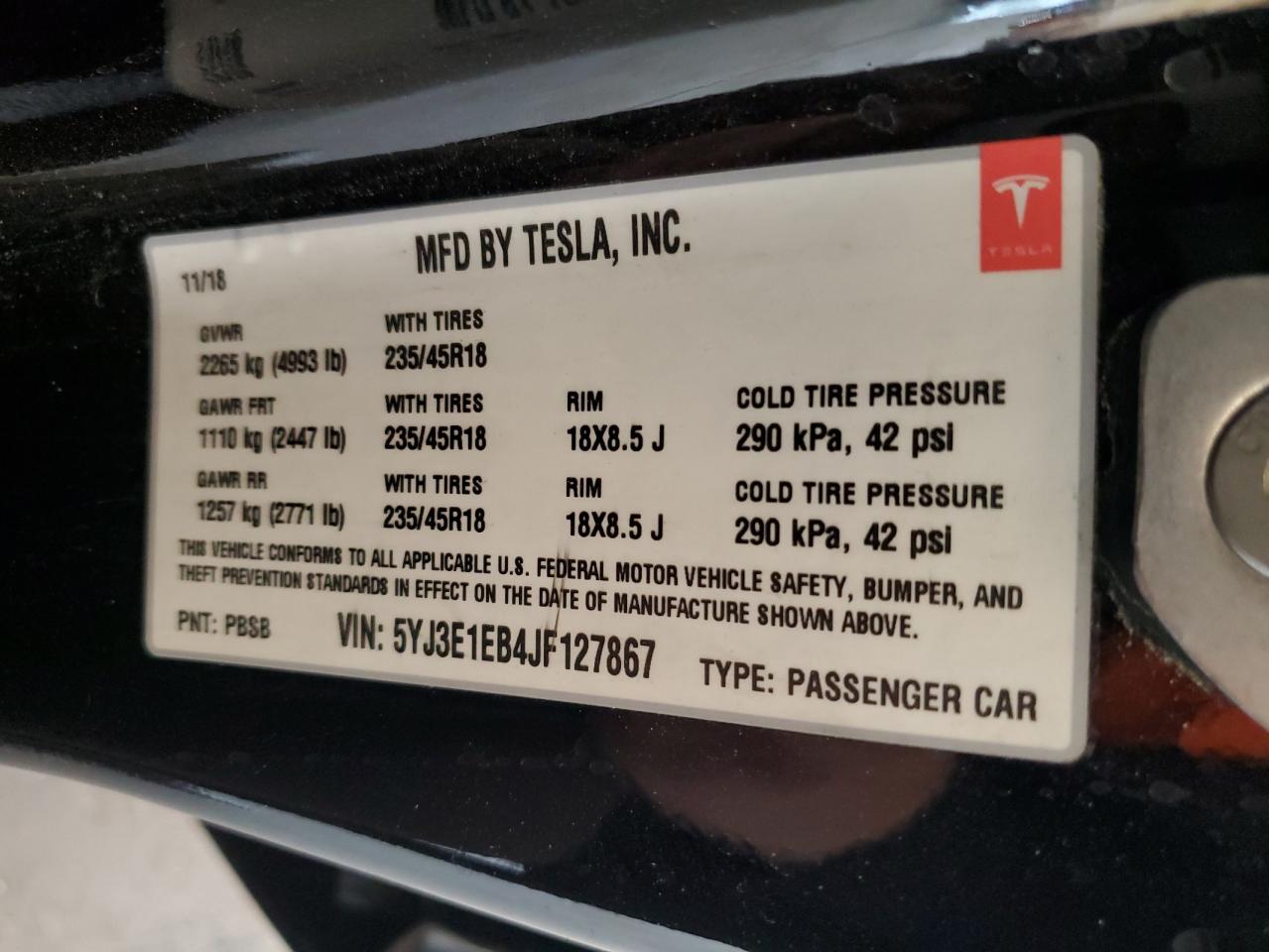2018 Tesla Model 3 VIN: 5YJ3E1EB4JF127867 Lot: 62545045