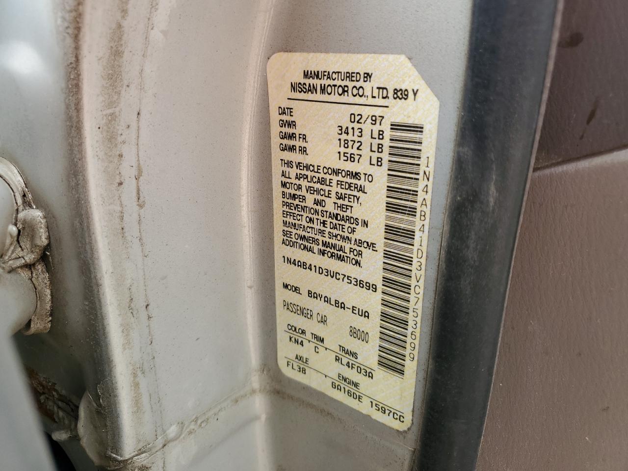 1997 Nissan Sentra Base VIN: 1N4AB41D3VC753699 Lot: 59503385