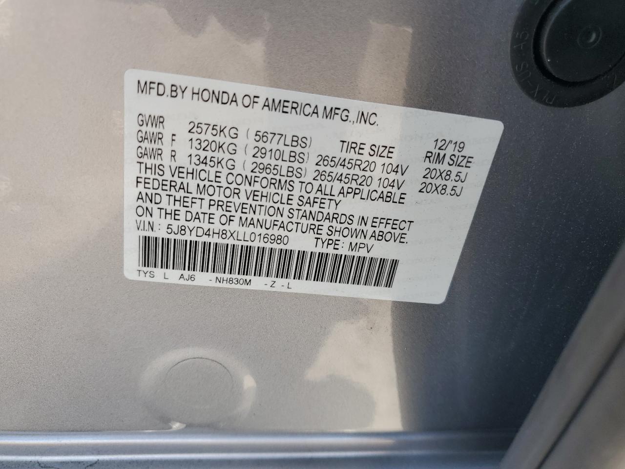 2020 Acura Mdx Advance VIN: 5J8YD4H8XLL016980 Lot: 62711835