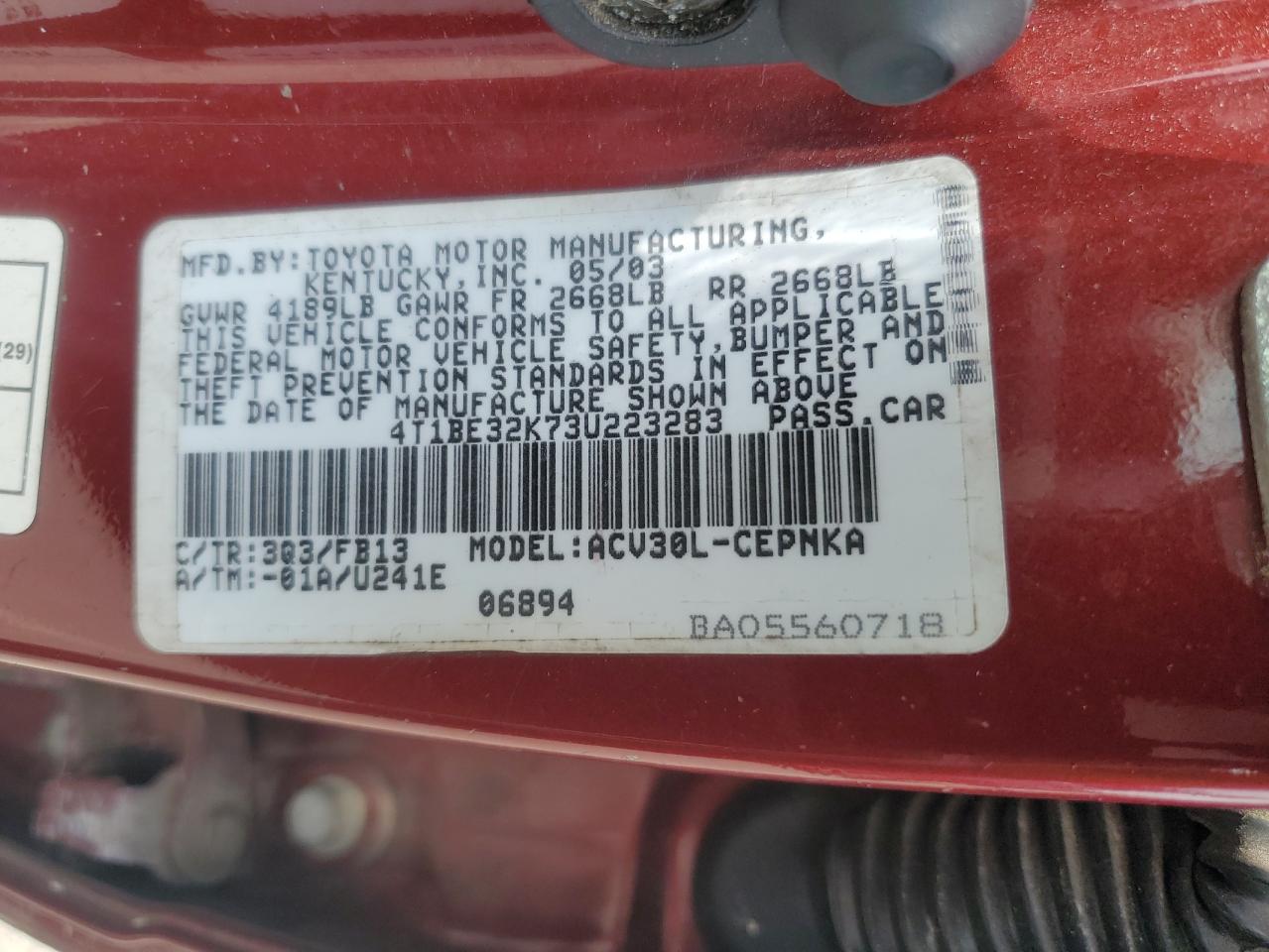 2003 Toyota Camry Le VIN: 4T1BE32K73U223283 Lot: 61284575