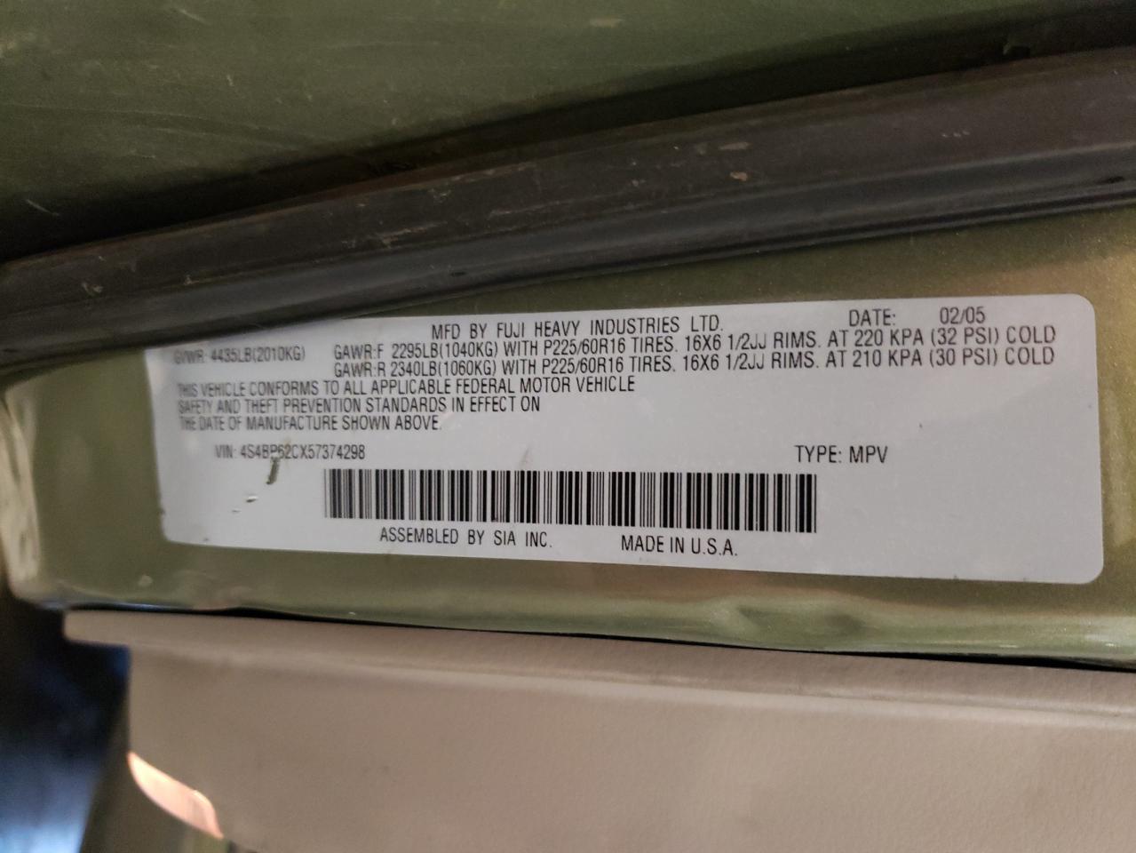 2005 Subaru Legacy Outback 2.5I Limited VIN: 4S4BP62CX57374298 Lot: 61917345